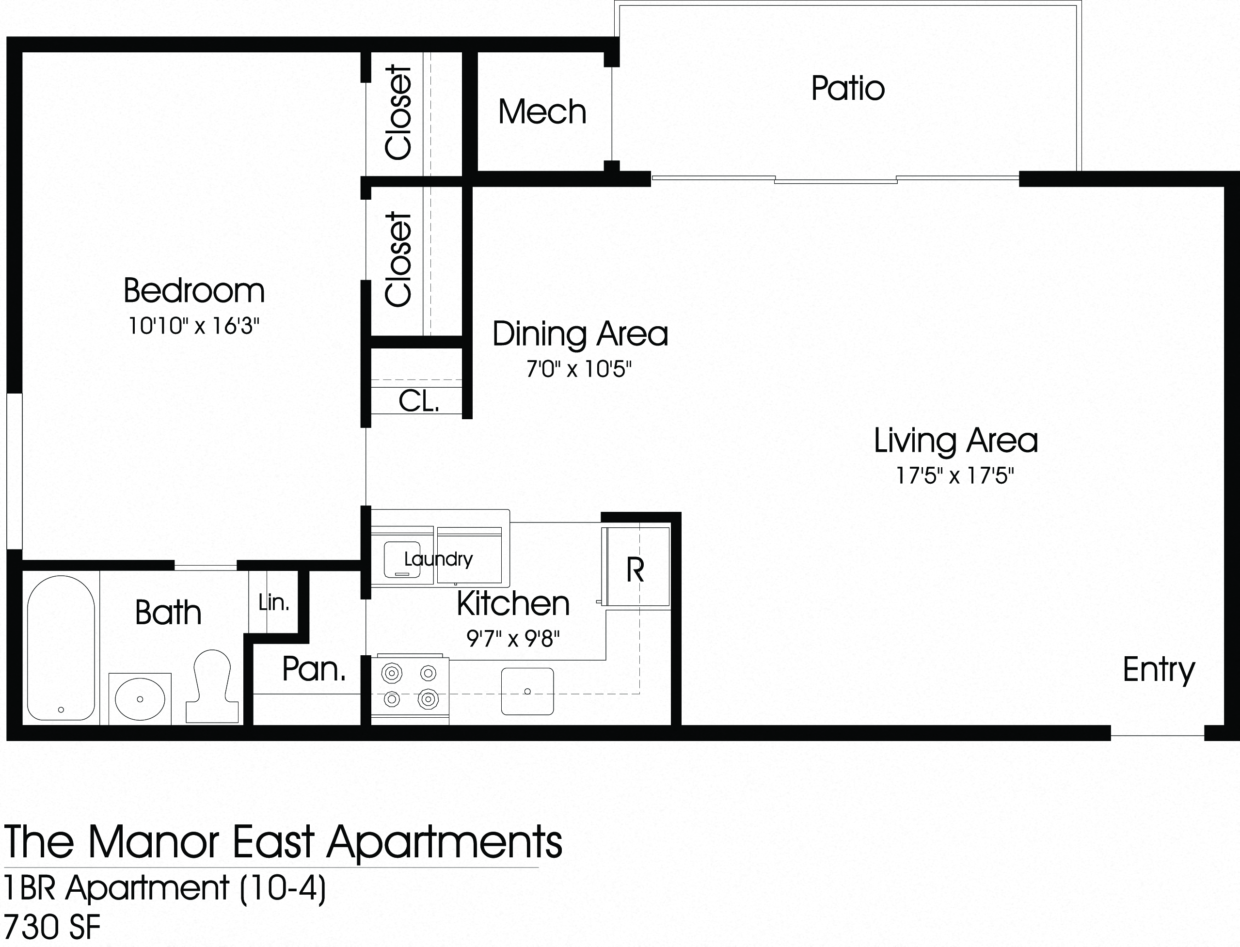 Floor plan for 1 bed, 1 bath, 730 sqft